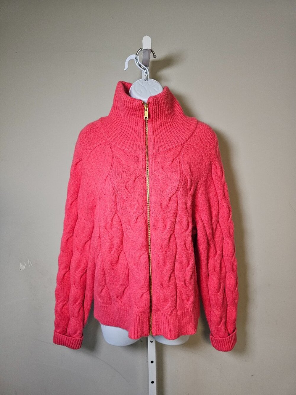 Talbots Cardigan Sweater Pink Cable Knit Zip Mock Neck L